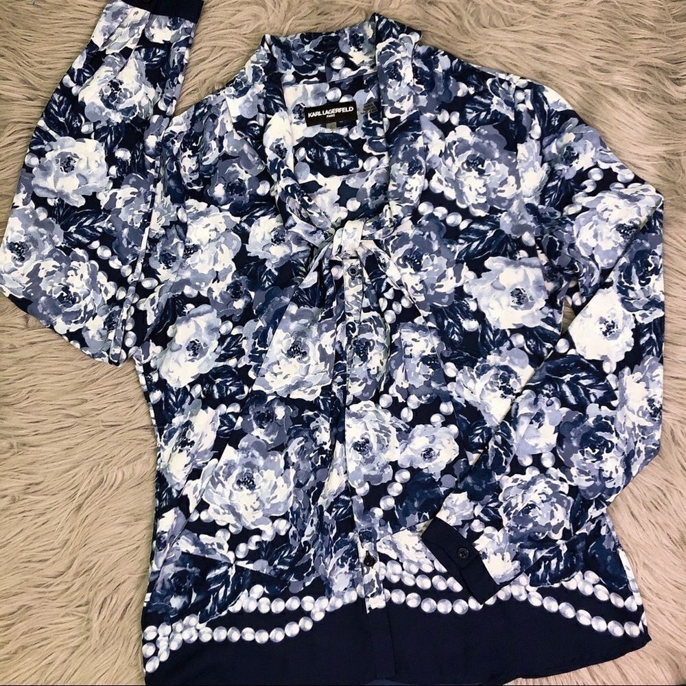 KARL Lagerfeld Tie Neck Floral Chiffon Button Down